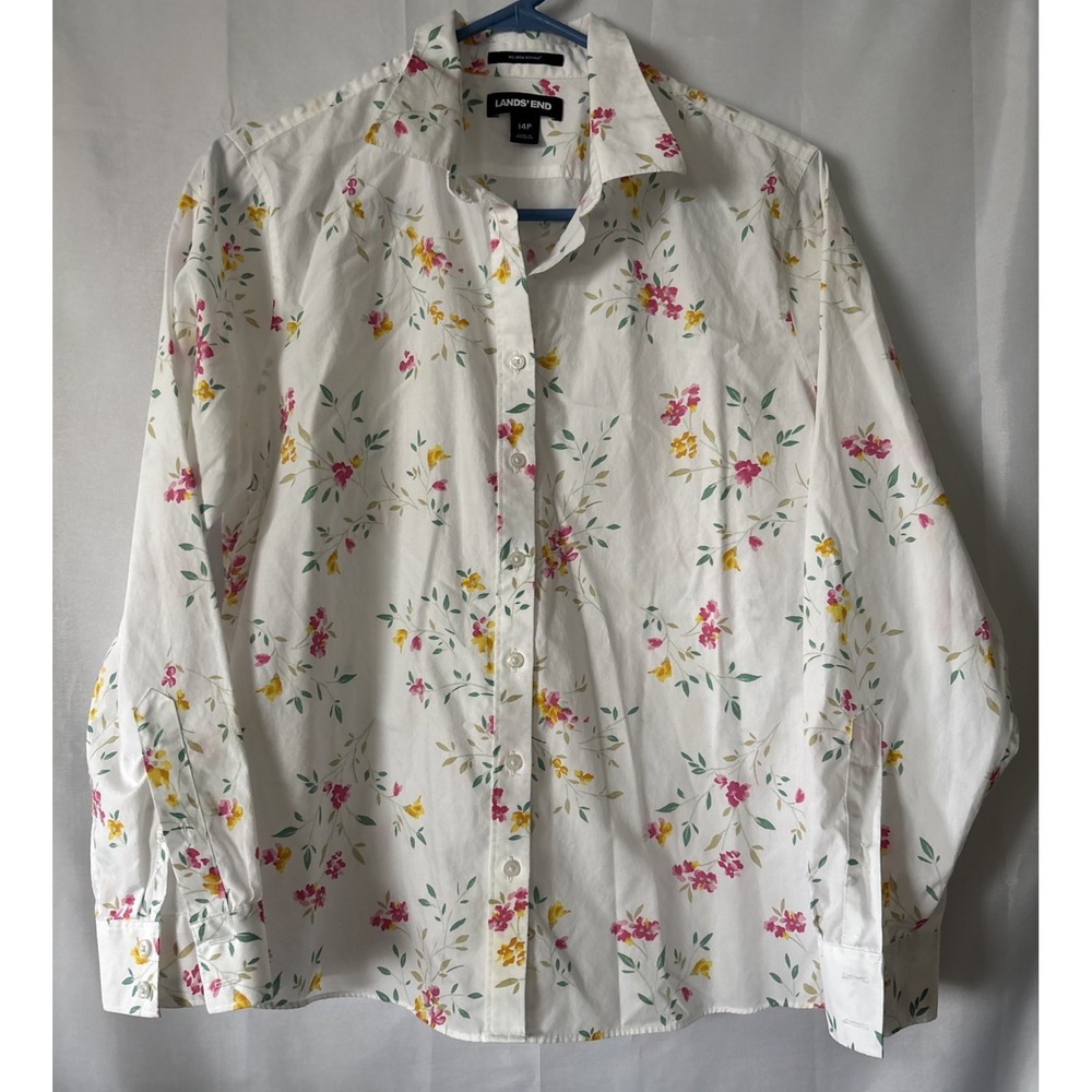 Lands End Women's No Iron Supima Button Up Shirt 14P Floral Print Long Sleeve